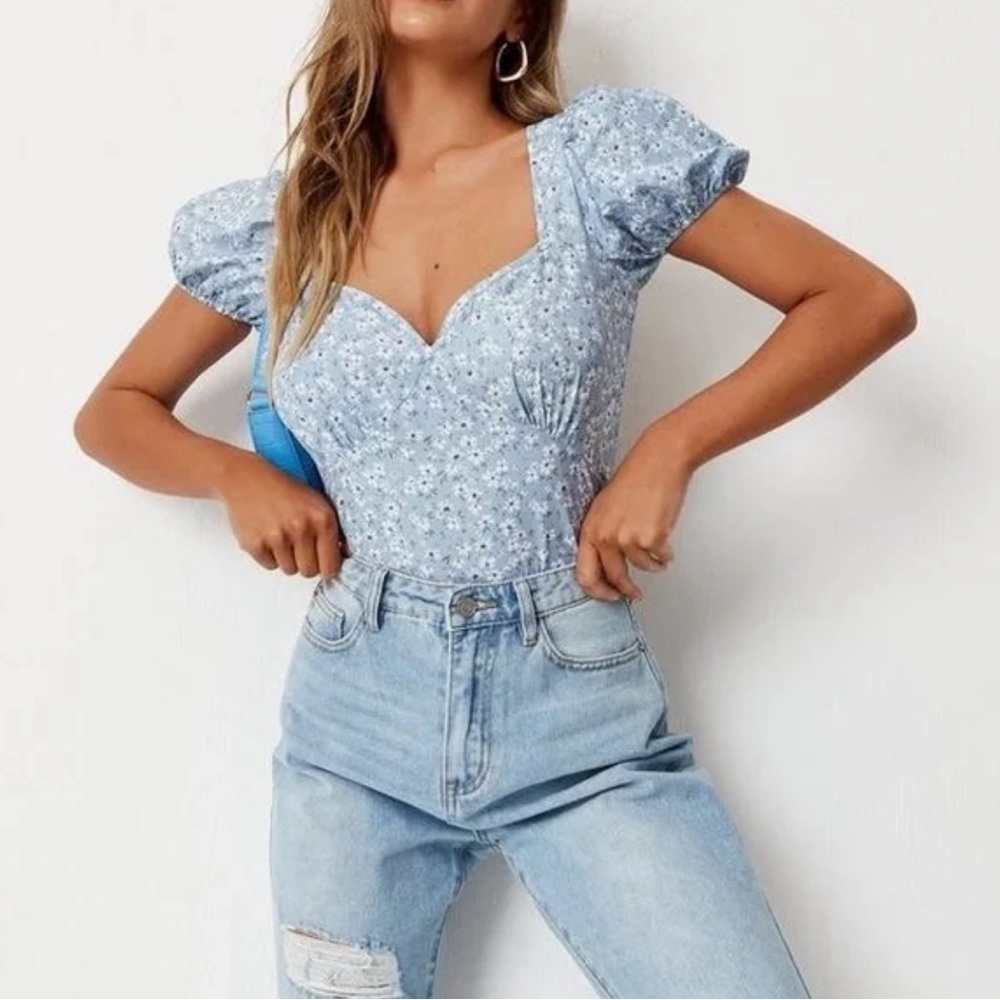 Missguided Light Blue Floral Puff Sleeve Sweetheart Top